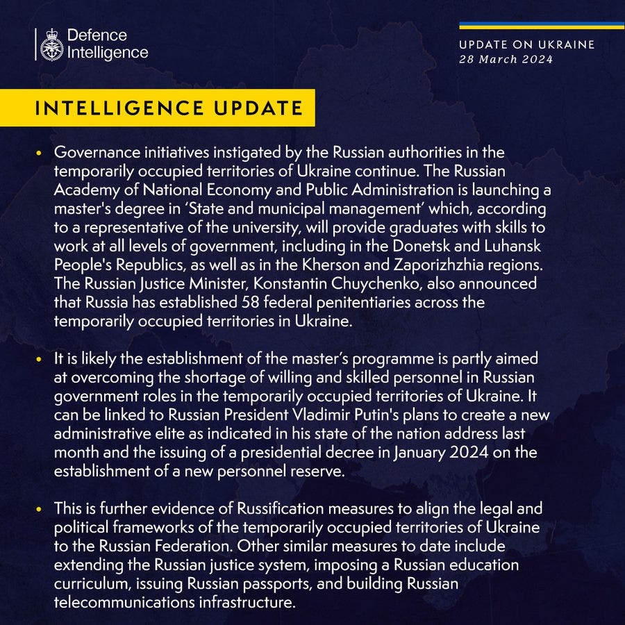
Governance initiatives instigated by the Russian authorities in the temporarily occupied territories of Ukraine continue. The Russian Academy of National Economy and Public Administration is launching a master's degree in ‘State and municipal management’ which, according to a representative of the university, will provide graduates with skills to work at all levels of government, including in the Donetsk and Luhansk People's Republics, as well as in the Kherson and Zaporizhzhia regions. The Russian Justice Minister, Konstantin Chuychenko, also announced that Russia has established 58 federal penitentiaries across the temporarily occupied territories in Ukraine.
 
It is likely the establishment of the master’s programme is partly aimed at overcoming the shortage of willing and skilled personnel in Russian government roles in the temporarily occupied territories of Ukraine. 