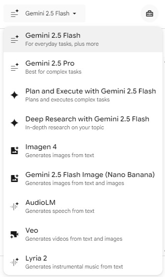 ChatGPT said:  A dropdown list of Google Opal model options, including Gemini 2.5 Flash, Gemini 2.5 Pro, Plan and Execute, Deep Research, Imagen 4, Nano Banana, AudioLM, Veo, and Lyria 2.