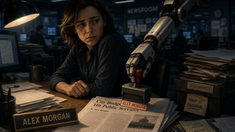 Illustration of newsroom reporters responding to AI byline policy