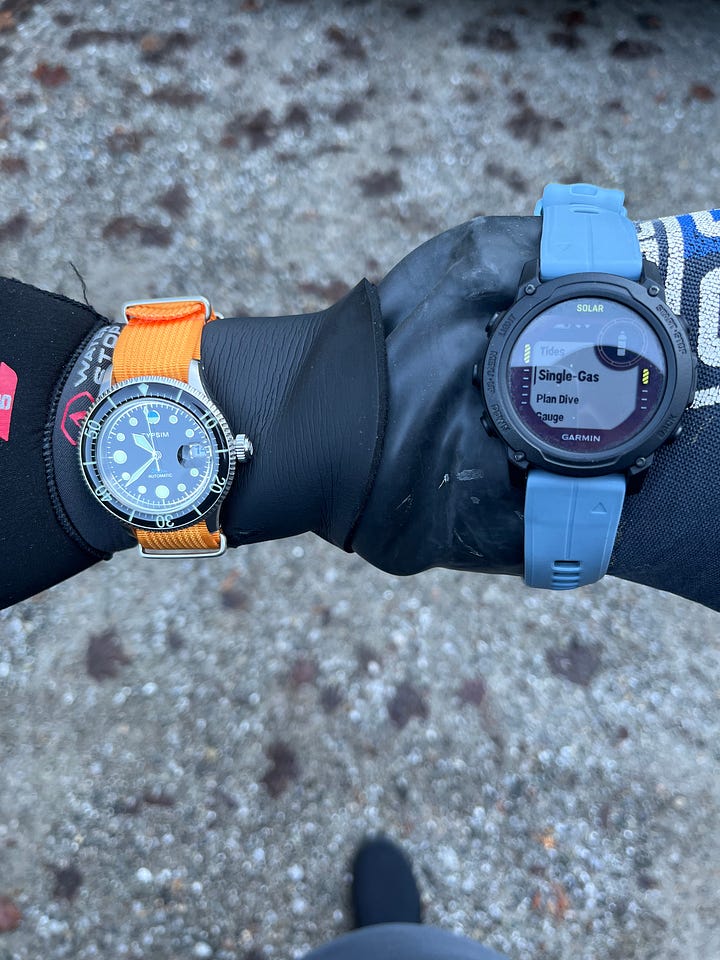 Wrist shots of the Typsim Diver and AJ's dive computer