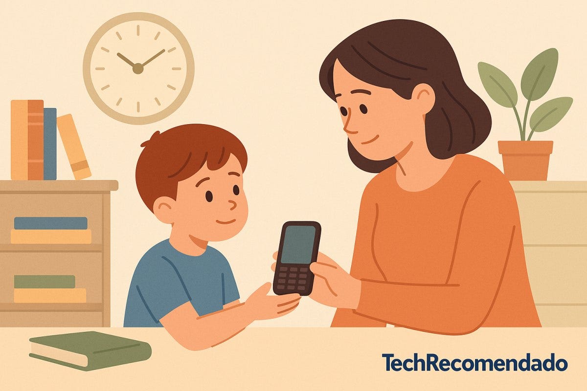 Ilustración plana de una madre entregando un móvil a su hijo en un entorno familiar, representando el momento de decisión sobre el primer smartphone infantil.