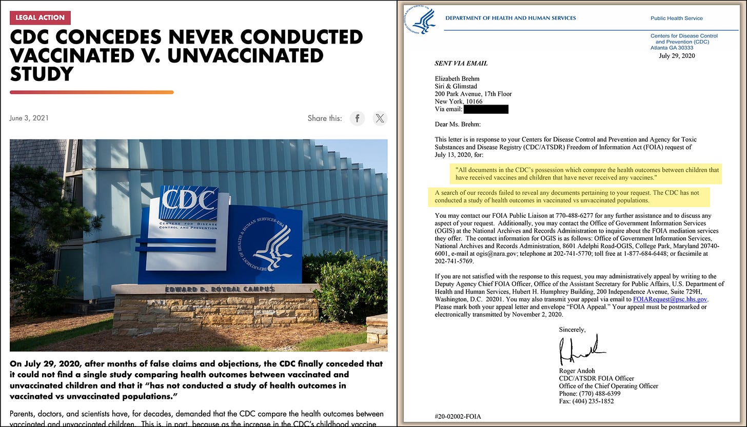 ICAN, “CDC Concedes Never Conducted Vaccinated v. Unvaccinated Study”, June 2021.