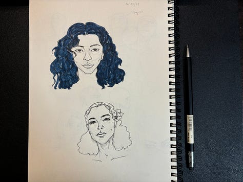 Images with overlapping rough sketch drawings of faces, people, hands, and dog