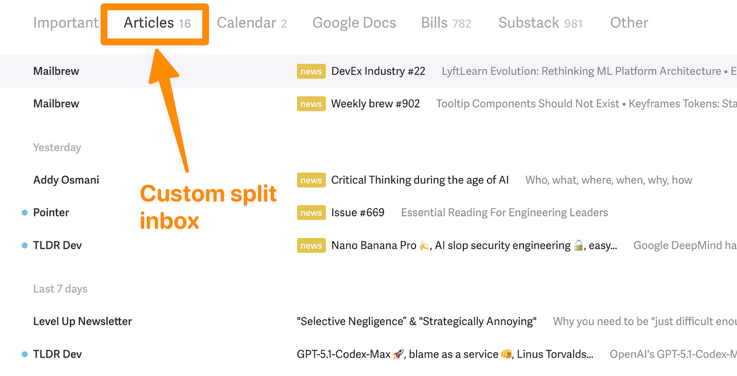 Articles split inbox with Mailbrew, Addy Osmani, Pointer, TLDR Dev, etc.
