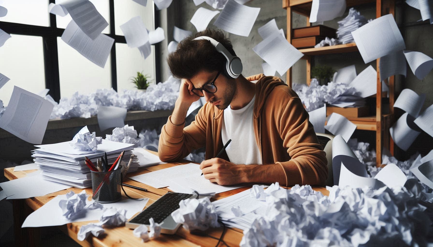A person sits at a desk writing they are surrounded by paper everywhere they wear headphones to block out the noise all around them. 