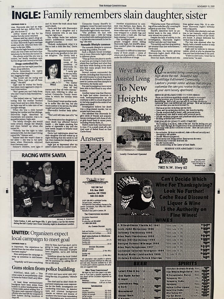 Forgotten Souls series’ second installment as published by The Lawton Constitution on Nov. 20-21,2000 shedding light on two unsolved homicides in Comanche County. Each story was published on the front page and with a picture showing the victims’ relatives Mc Nelly Torres interviewed and the particular issues with that case. Click on each picture to see the full page. (Mc Nelly Torres | Don’t Forget My Voice)