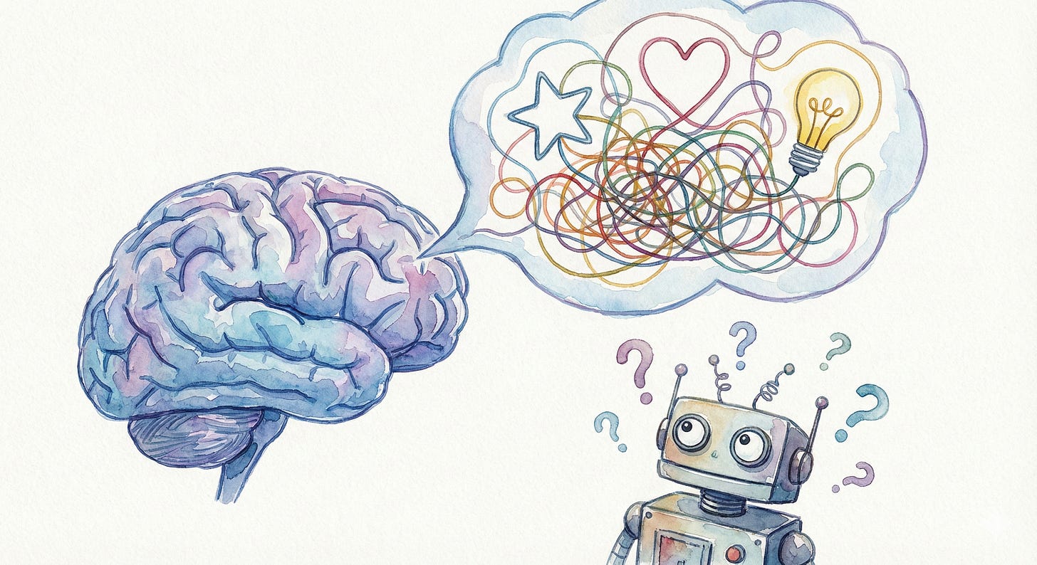 A watercolor-style cartoon of a brain with a thought bubble coming out of it; inside the thought bubble is  a tangled mess of thread, with a few clear shapes and a light bulb emergingfrom the thread. A robot is staring at the thought bubble with question marks around it. Generated with nano banana.