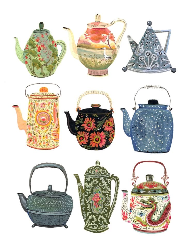 This may contain: nine tea kettles with different designs on them