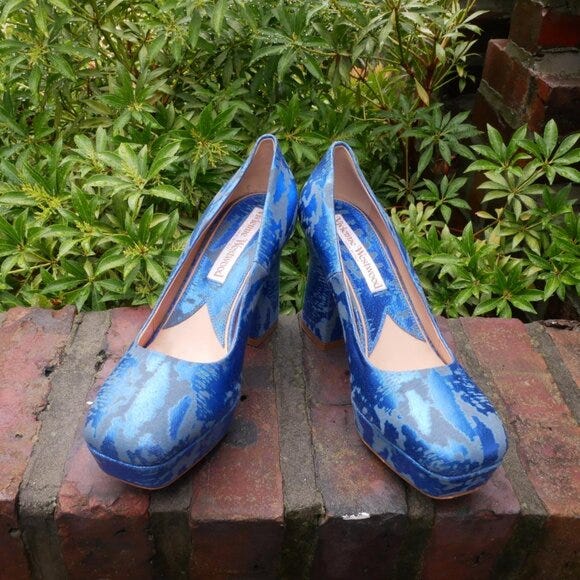 BEAUTIFUL Vivienne Westwood Textured Silk Electric Blue Chunky Platform Heels - Picture 1 of 4