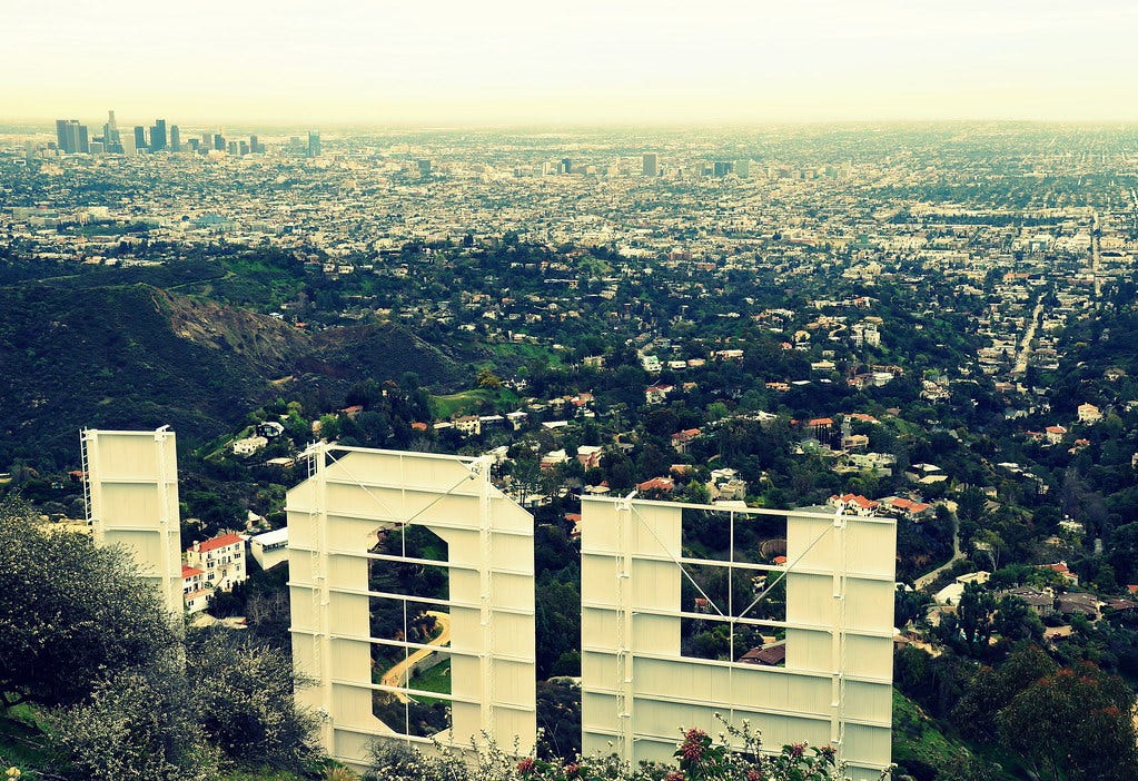 Downtown Los Angeles from behind the Hollywood Sign Downtown Los Angeles from behind the Hollywood Sign