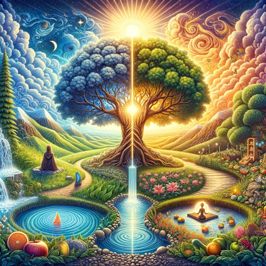 Create a vivid and detailed illustration that showcases the essence of cultivating good habits. This artwork features a magical landscape divided into four key areas, each representing a fundamental good habit in a visually striking manner. First, a crystal-clear stream stands for hydration, emphasizing the importance of water intake. Next, a towering, leafy tree embodies physical strength and the value of regular exercise. A garden filled with a variety of fruits and vegetables represents balanced nutrition, highlighting the significance of healthy eating. Lastly, a serene clearing with a meditation cushion under an open sky symbolizes mindfulness and the practice of meditation. Each section is interconnected by a path that represents the journey of personal growth and development. The entire scene is illuminated by a radiant sun, symbolizing optimism and the renewal that comes with embracing good habits.