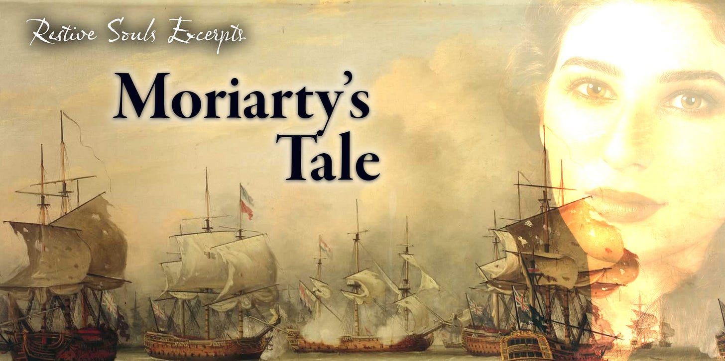 Cover image; Title: 'Moriarty's Tale'; ships at sea with woman superimposed