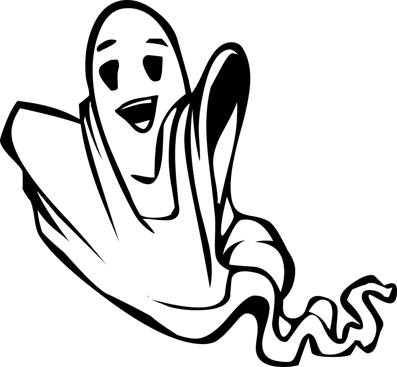 somewhat silly image of a smiling ghost flying towards the left and looking at the reader