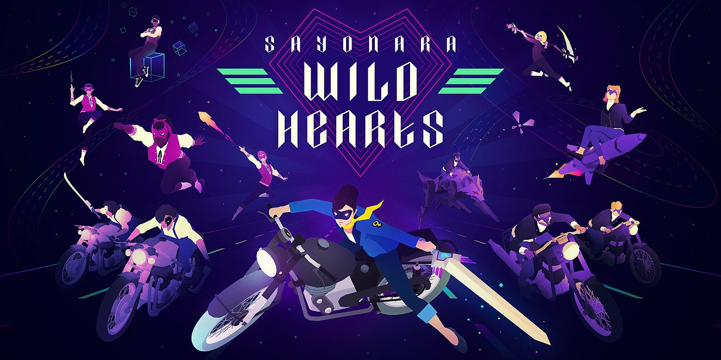 The title card for Sayonara Wild Hearts has the game title in a stylized text surrounded by characters.