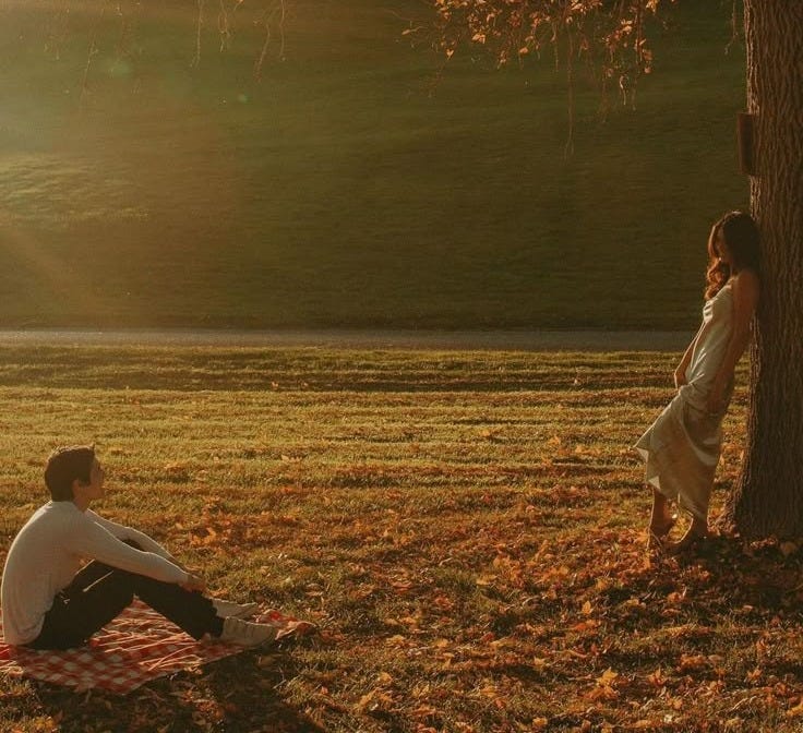 This may contain: a man and woman sitting on a blanket under a tree with the sun behind them