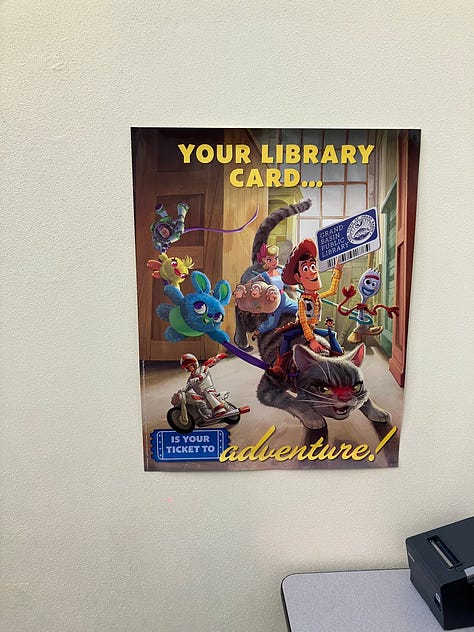 Images of libraries, books, poster, and resources