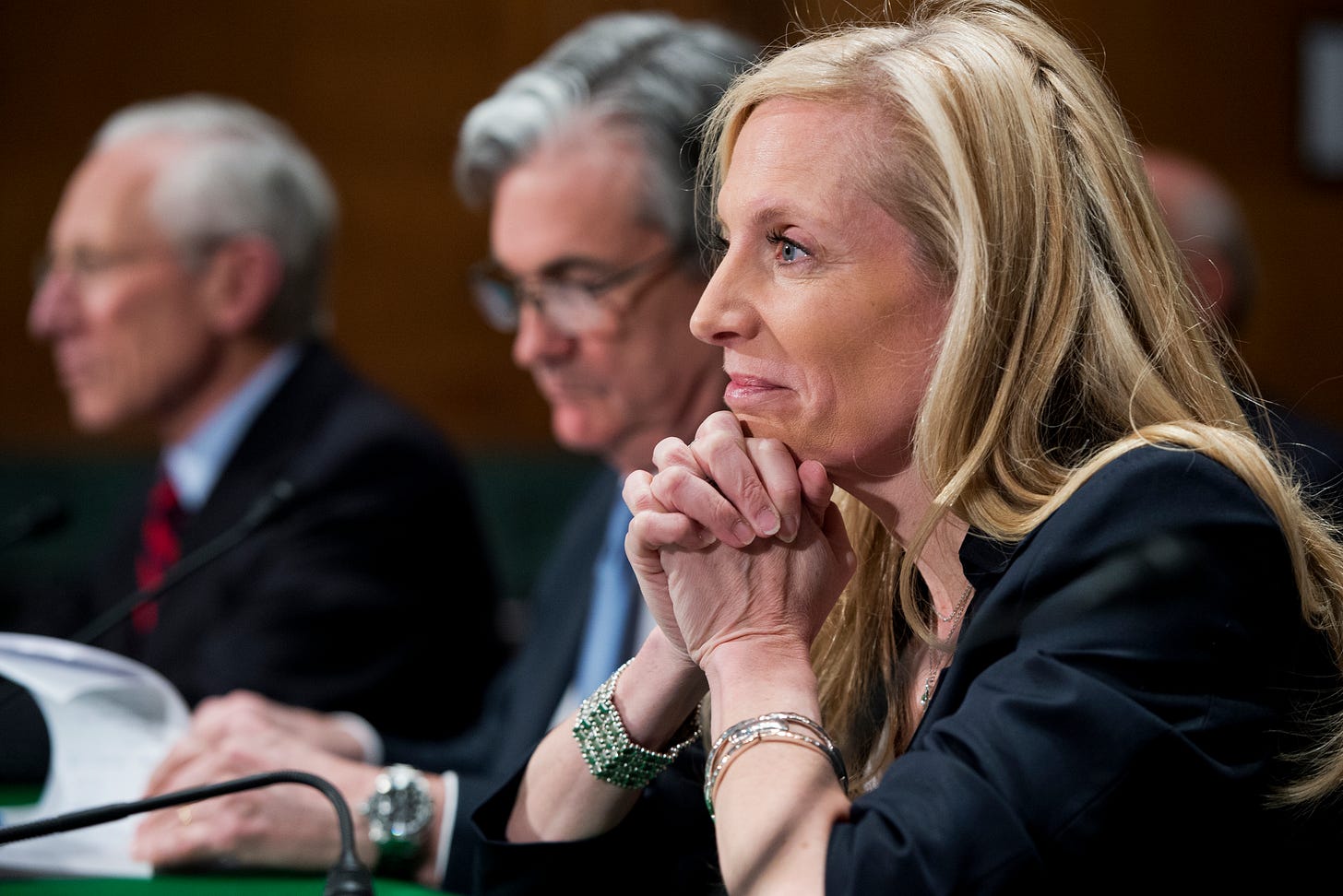 Lael Brainard (r.), then a nominee to serve as a member of the Federal Reserve Board of Governors, appeared at her confirmation hearing alongside fellow nominees Stanley Fischer (l.) and Jerome H. Powell before a Senate Banking, Housing and Urban Affairs Committee hearing in Washington, D.C. on March 13, 2014. (Photo By Tom Williams/CQ Roll Call) Lael Brainard (r.), then a nominee to serve as a member of the Federal Reserve Board of Governors, appeared at her confirmation hearing alongside fellow nominees Stanley Fischer (l.) and Jerome H. Powell before a Senate Banking, Housing and Urban Affairs Committee hearing in Washington, D.C. on March 13, 2014. (Photo By Tom Williams/CQ Roll Call)