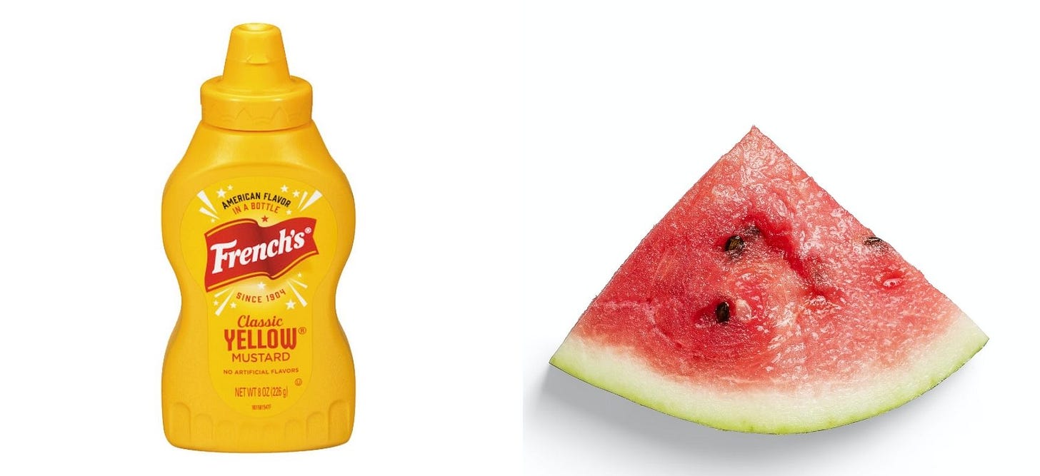 a bottle of French's yellow mustard and a slice of watermelon