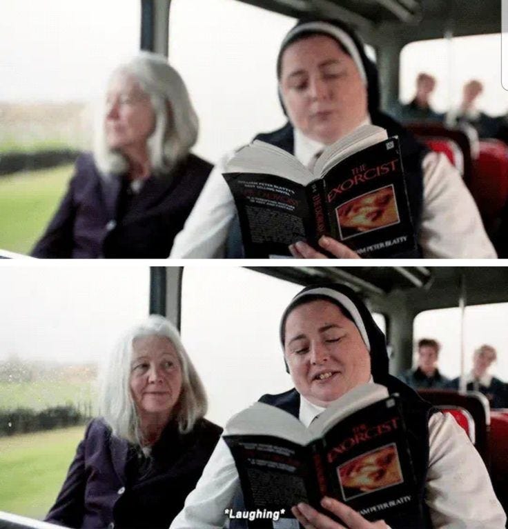 Screenshots from the TV show, Derry Girls. The top screenshot is of Sister Michael reading The Exorcist. The bottom screenshot shows her chuckling while still reading the book. Screenshots from the TV show, Derry Girls. The top screenshot is of Sister Michael reading The Exorcist. The bottom screenshot shows her chuckling while still reading the book.