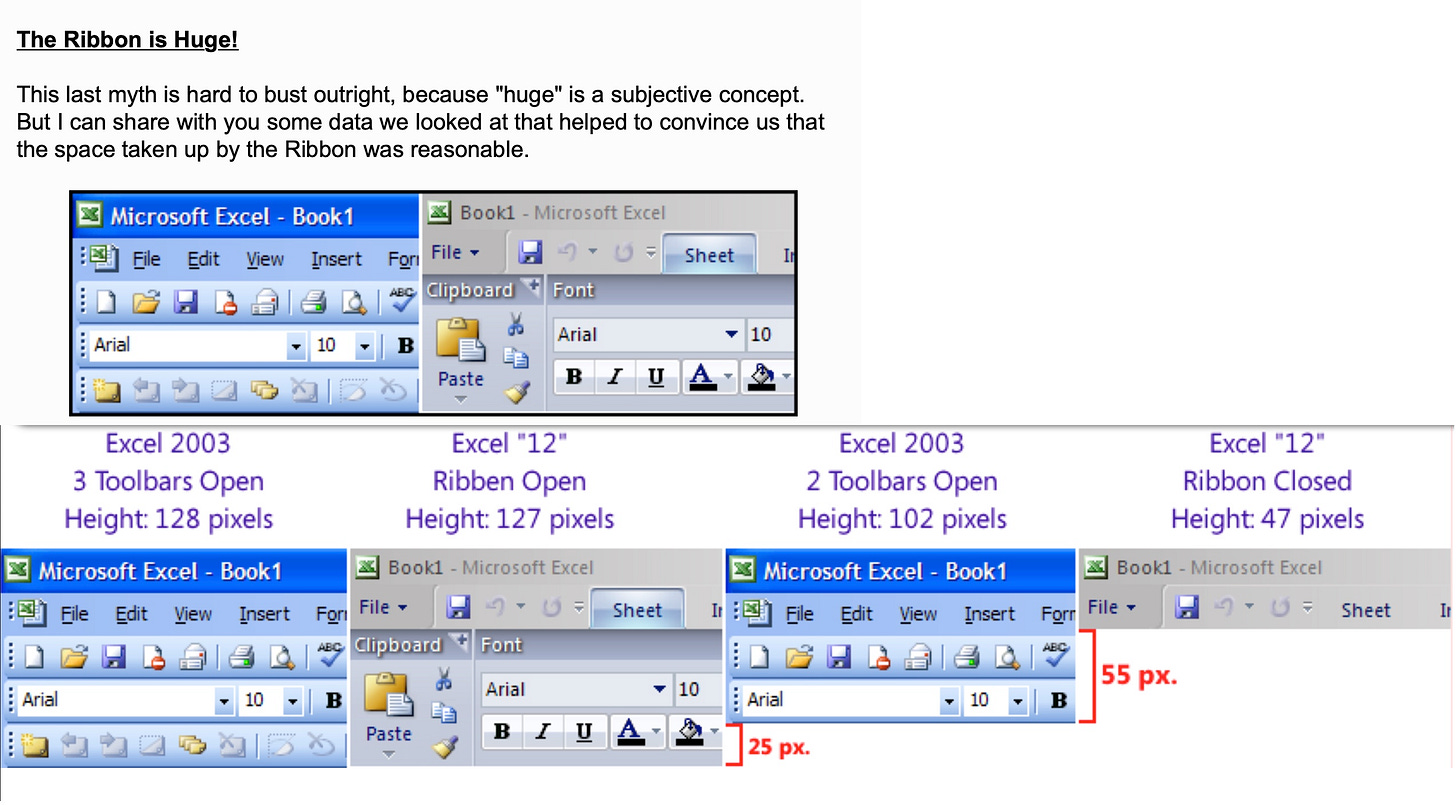 This is a diagram showing the ribbon side-by-side with menus and toolbars about the same size. It also shows more real world examples where teh ribbon is smaller, including when the ribbon is completely closed and is the same as the menu bar. This is a diagram showing the ribbon side-by-side with menus and toolbars about the same size. It also shows more real world examples where teh ribbon is smaller, including when the ribbon is completely closed and is the same as the menu bar.