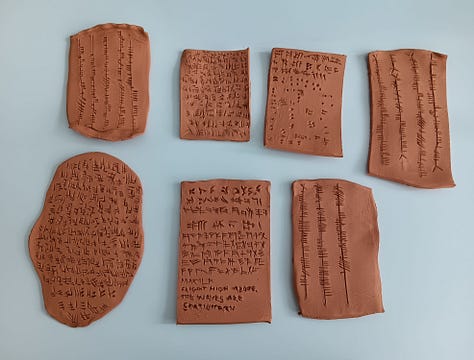 Three images: 1, wet clay with impressions in my palm, 2, wet clay with ogham impressions, 3, seven bisque fired tablets with various markings