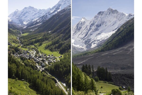 This combo picture shows the village of Blatten photographed on Sunday, May 18, 2025, left, and a view captured one day after a massive debris avalanche triggered by the collapse of the Birch Glacier, swept down to the valley floor and demolised large parts of the village of Blatten, Switzerland, Thursday, May 29, 2025. (Cyril Zingaro and Jean-Christophe Bott/Keystone via AP) This combo picture shows the village of Blatten photographed on Sunday, May 18, 2025, left, and a view captured one day after a massive debris avalanche triggered by the collapse of the Birch Glacier, swept down to the valley floor and demolised large parts of the village of Blatten, Switzerland, Thursday, May 29, 2025. (Cyril Zingaro and Jean-Christophe Bott/Keystone via AP)