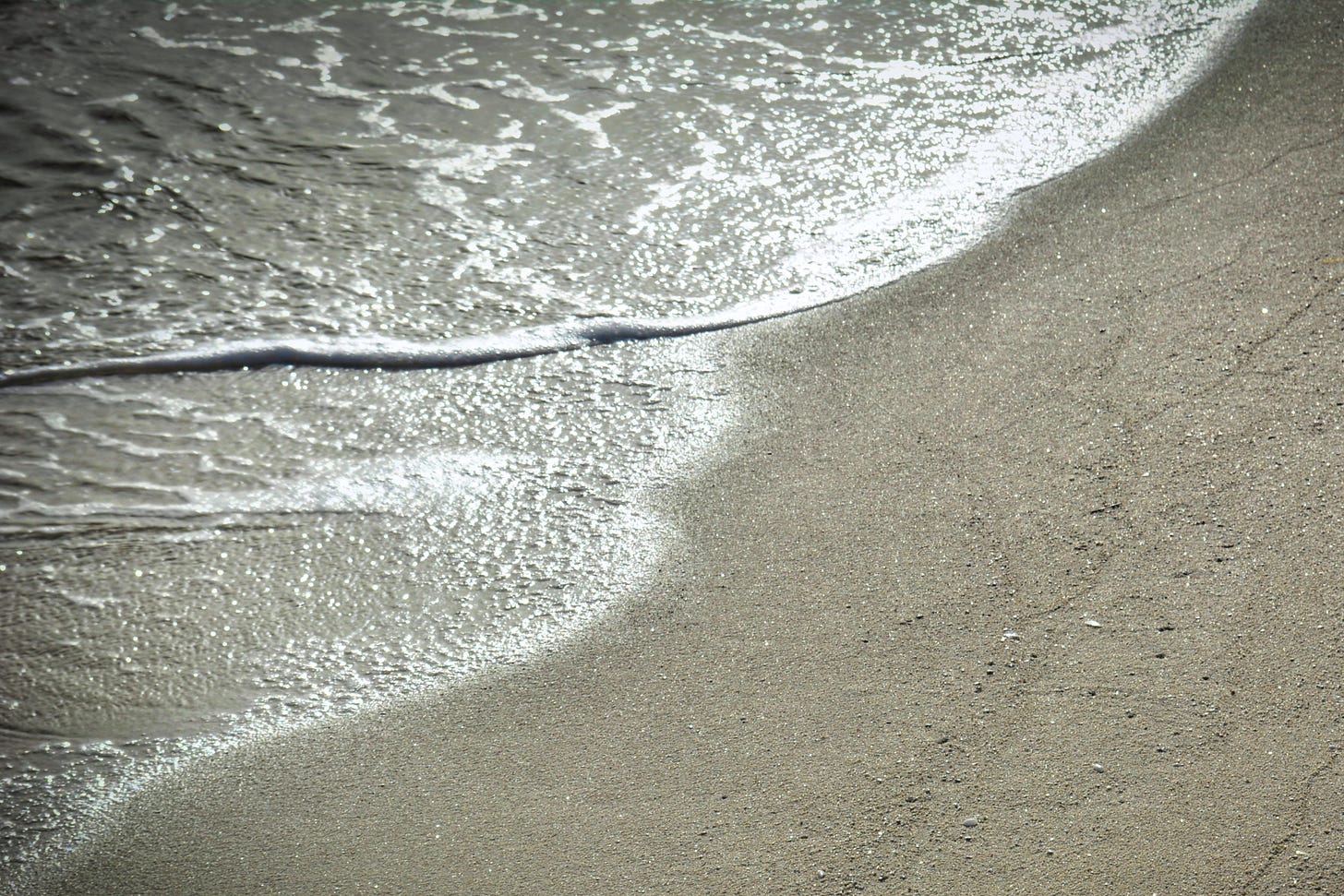 The sun casts a shimmer on the water as waves roll softly at a diagonal onto a sandy beach where the outline of mullosks lay barely visible in the sand 