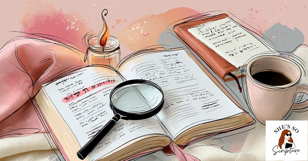 Illustrated overhead flat lay of an open Hebrew Bible with a magnifying glass over the text, a small flame in a glass jar, a journal, and coffee on a cream linen surface in blush and peach watercolor tones