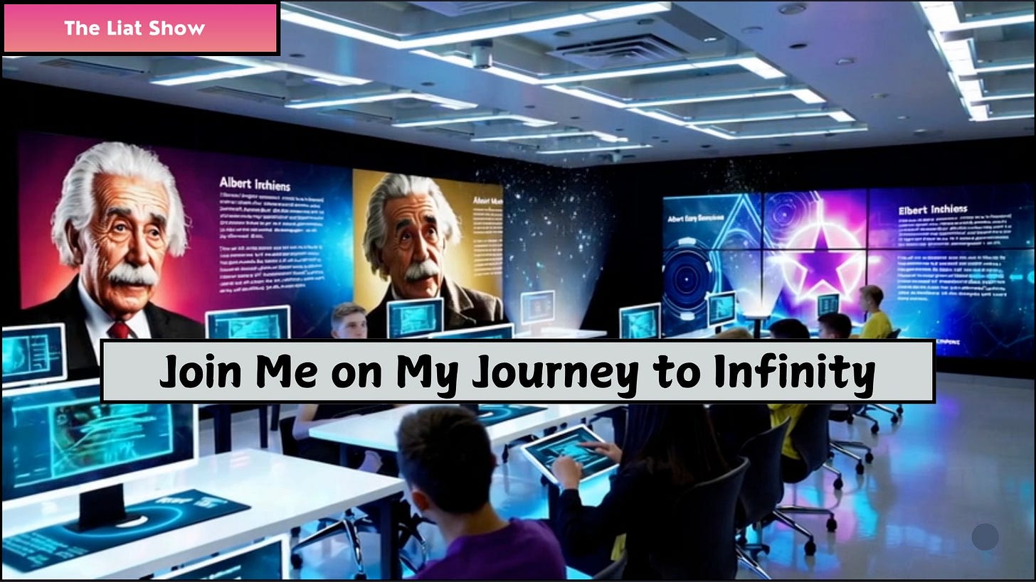 A futuristic classroom with students seated at digital workstations, surrounded by glowing screens and large illustrated panels featuring Albert Einstein. The walls are lit with vibrant, science-themed visuals in neon colors. In the picture: A modern learning space filled with students using touchscreen tablets, facing colorful displays and digital portraits of Einstein, symbolizing the intersection of science, education, and imagination on The Liat Show.