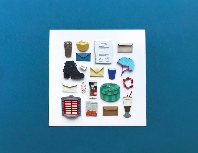 a paper art collection of symbols from To All The Boys I've Loved Before