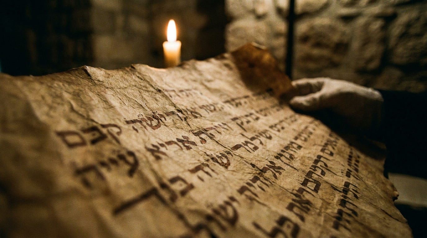 Ancient Hebrew text on parchment in warm light Ancient Hebrew text on parchment in warm light