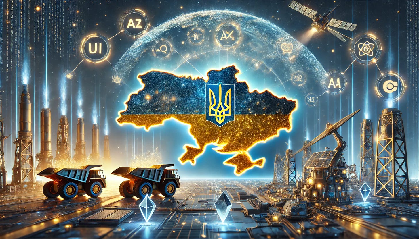 A futuristic, high-tech illustration depicting Ukraine's vast mineral reserves as a digital goldmine. The image showcases a glowing map of Ukraine overlaid with icons representing lithium, titanium, and rare earth elements. In the background, advanced mining equipment and AI-driven extraction technology operate under a sky filled with data streams, symbolizing the tech-driven race to secure these critical resources. The color scheme includes gold and deep blue to convey wealth and strategic importance.