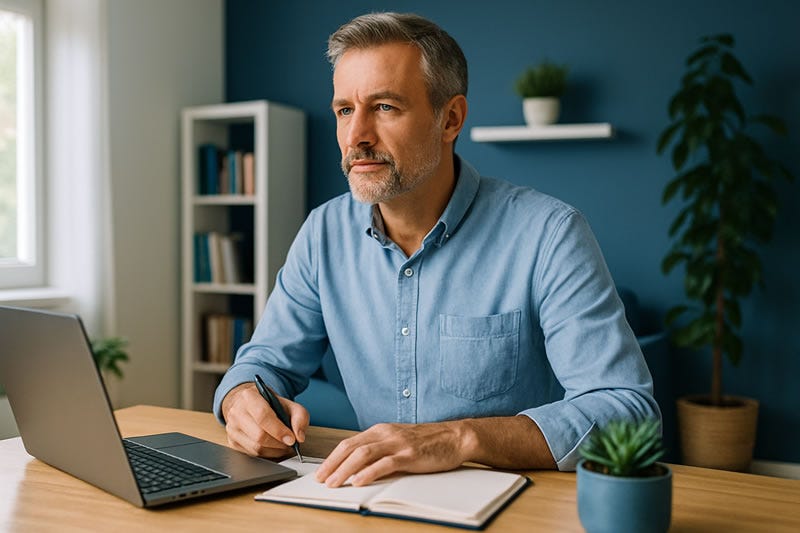 Fotografía realista de un hombre senior concentrado en su escritorio moderno, con luz natural y predominio de tonos azules combinados con colores cálidos, que transmite enfoque, disciplina y equilibrio, representando cómo ser constante para emprender online con serenidad y propósito.