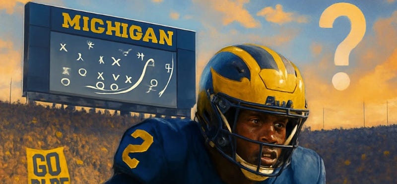 Illustration of Michigan Wolverines football player in full uniform stands in front of a packed stadium and a giant scoreboard with a play diagram and large question mark, symbolizing the team's uncertain 2025 season outlook. Bold “MICHIGAN” headline on scoreboard and “Go Blue” sign in crowd reinforce school branding, exploring Michigan’s rebuild vs. contender narrative.