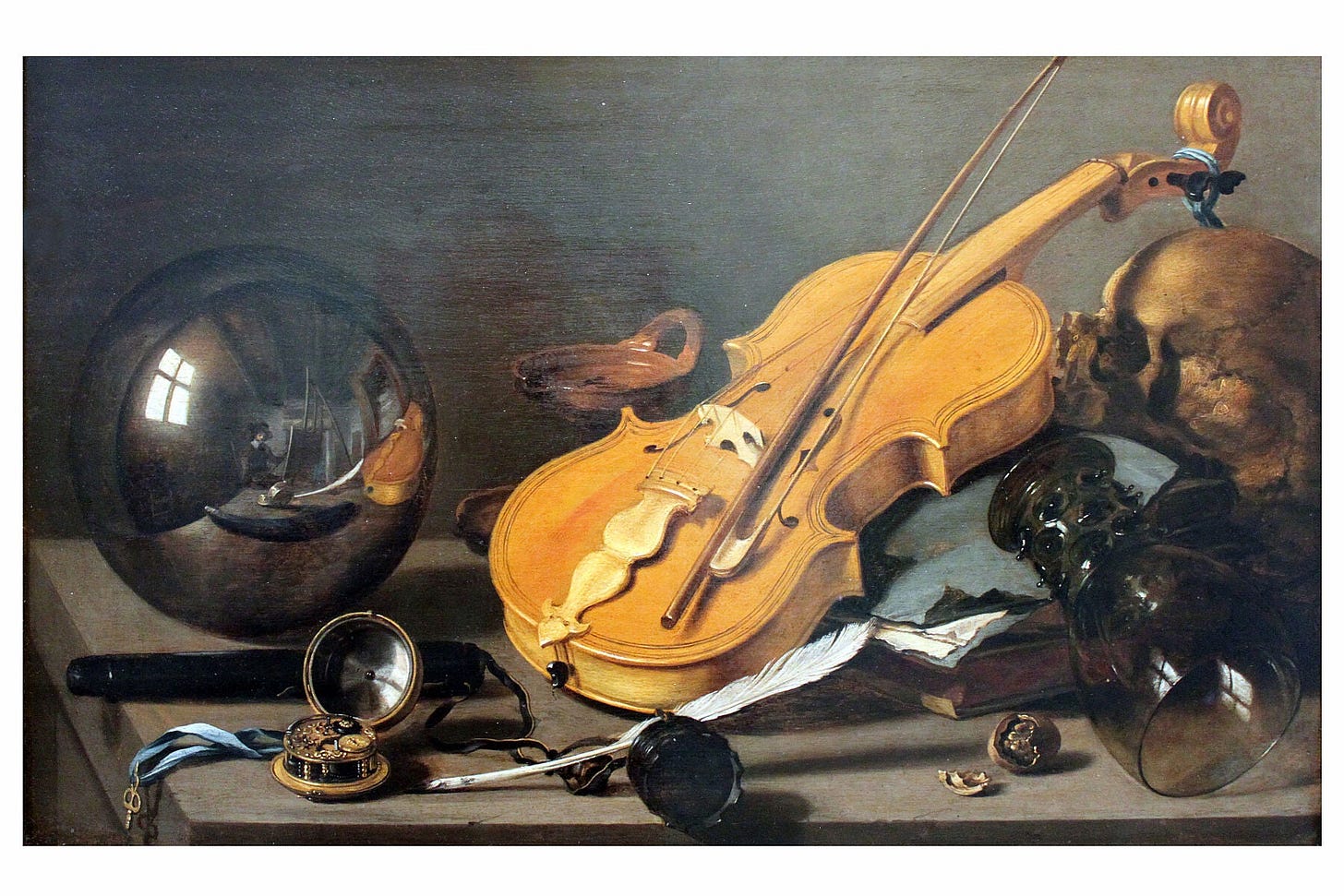 Vanitas with Violin, Glass Ball and Self-Portrait by Pieter Claesz, 16
