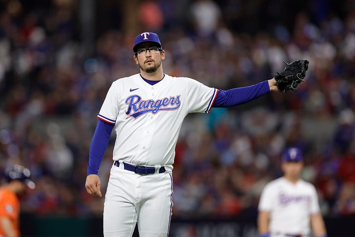 Dane Dunning reacts to getting lit up in the second inning of Game 4 of the ALCS. (Photo by Carmen Mandato/Getty Images)