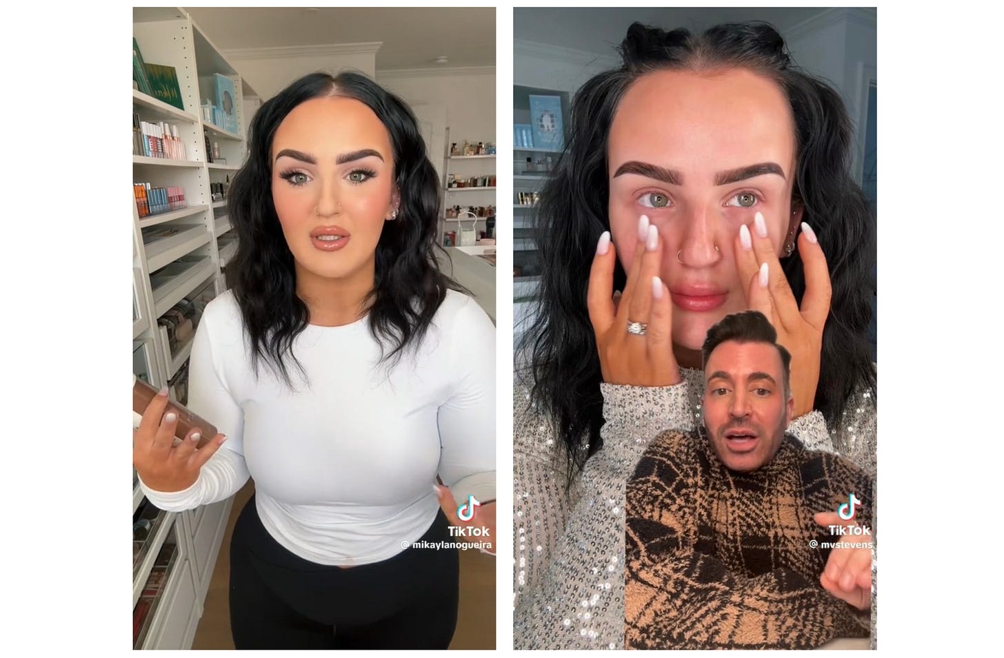 Screenshots of beauty TikToker Mikayla Nogueira and the entrepreneur feuding with her
