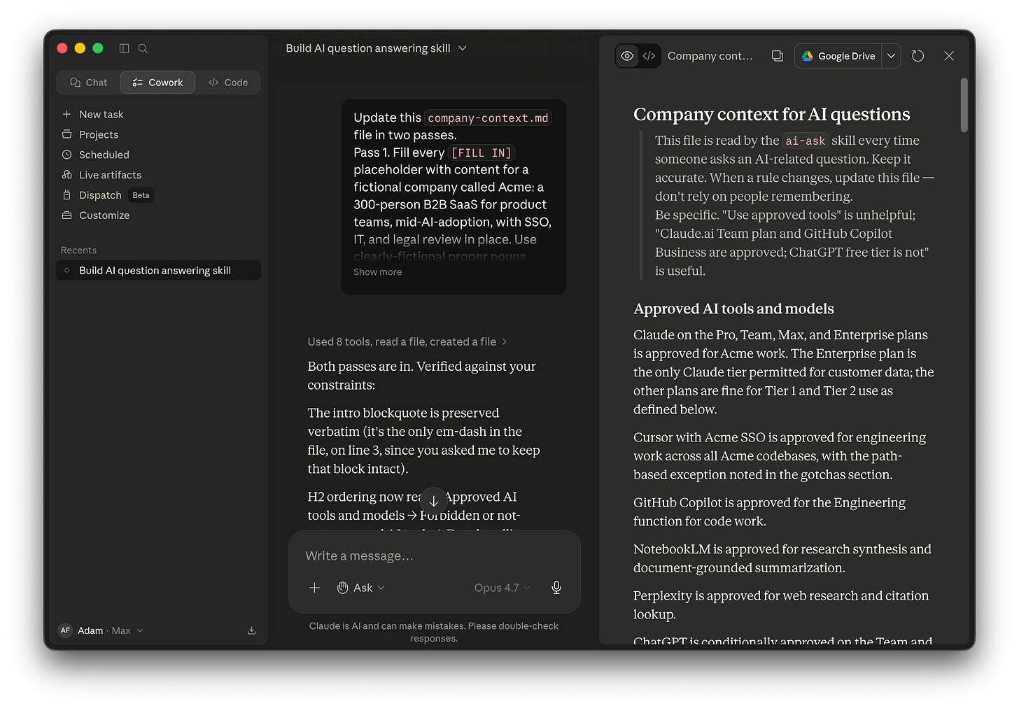 The Cowork chat shows the enhancement prompt sent and the confirmation that both passes ran successfully, with the rendered company-context.md visible on the right side displaying the Approved AI tools and models section with concrete Acme content about Claude plans, Cursor with SSO, GitHub Copilot for Engineering, NotebookLM, and Perplexity.