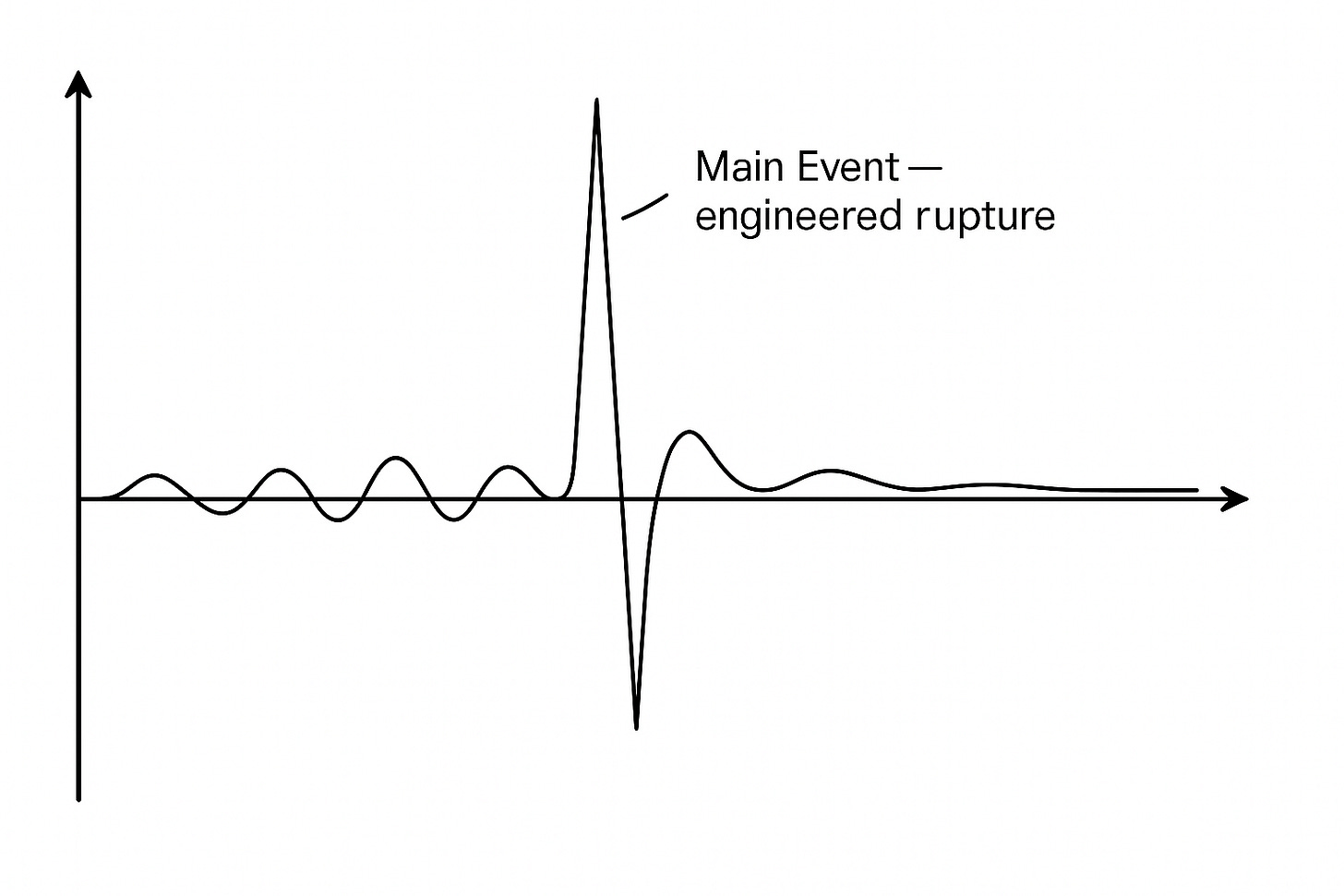 A black-and-white timeline graph. On the left, small oscillations move steadily along a horizontal axis. At the center, marked “Main Event — engineered rupture,” a sharp vertical spike rises and plunges downward. To the right, the line flattens into smaller oscillations.