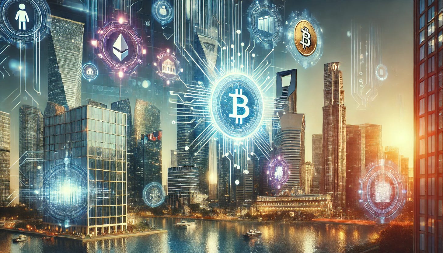 A futuristic financial scene with skyscrapers, digital screens, and holographic representations of tokenized assets like real estate, gold, and commodities. The setting is sleek, modern, and portrays innovation in blockchain and tokenization. The image emphasizes technology, transparency, and a global reach. Vibrant colors with a professional tone.