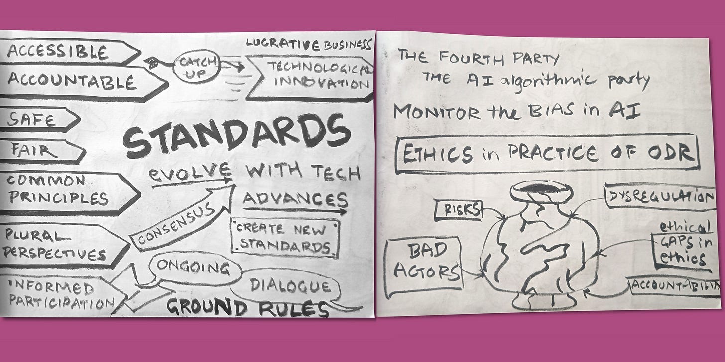 Sketch note displaying words like, standards, accessibility, accountability, common principles, informed participation, innovation; and also a pot with cracks which tries to explain the ethics in practice of ODR like the algorithmic bias, risks, bad actors, dis-regulation, etc.