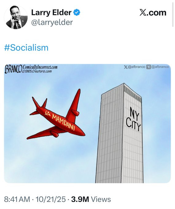 Satirical cartoon shows red airplane with Mamdani label flying toward tall building labeled NY City watermarked by Branko comicly incorrect and X platform logo profile image of Larry Elder with verified badge and username Satirical cartoon shows red airplane with Mamdani label flying toward tall building labeled NY City watermarked by Branko comicly incorrect and X platform logo profile image of Larry Elder with verified badge and username