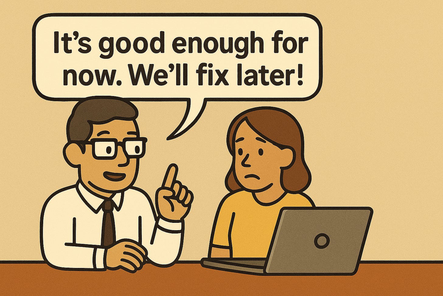 A single-panel digital illustration in a warm, minimalist cartoon style. A confident man in a white shirt and black tie sits at a desk, gesturing with one finger raised as he says, “It’s good enough for now. We’ll fix later!” A concerned woman beside him looks uncertain while seated at a laptop. The scene visualizes the mindset that contributes to UX debt, with decisions made for speed over quality.