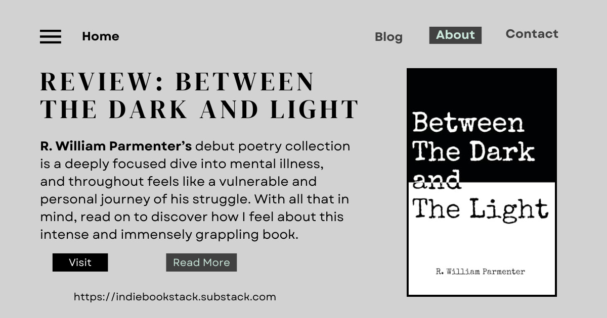 Review: Between the Dark and Light. Text: R. William Parmenter’s debut poetry collection is a deeply focused dive into mental illness,  and throughout feels like a vulnerable and personal journey of his struggle. With all that in mind, read on to discover how I feel about this intense and immensely grappling book. Book cover to the right.