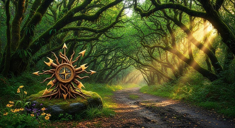 A winding, unpaved path through a vibrant, lush forest, with sunlight breaking through the canopy onto the path. A metaphorical compass lies on a mossy rock, pointing in multiple directions, suggesting unexpected routes. The overall mood is hopeful and adventurous.