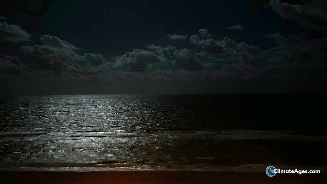 Dark ocean under a heavily clouded sky with only faint light reflecting across the water’s surface. The horizon is barely visible, creating a scene of prolonged darkness that evokes the reduced sunlight conditions following the asteroid impact at the end of the Cretaceous. Climate Ages logo in the lower right corner Dark ocean under a heavily clouded sky with only faint light reflecting across the water’s surface. The horizon is barely visible, creating a scene of prolonged darkness that evokes the reduced sunlight conditions following the asteroid impact at the end of the Cretaceous. Climate Ages logo in the lower right corner