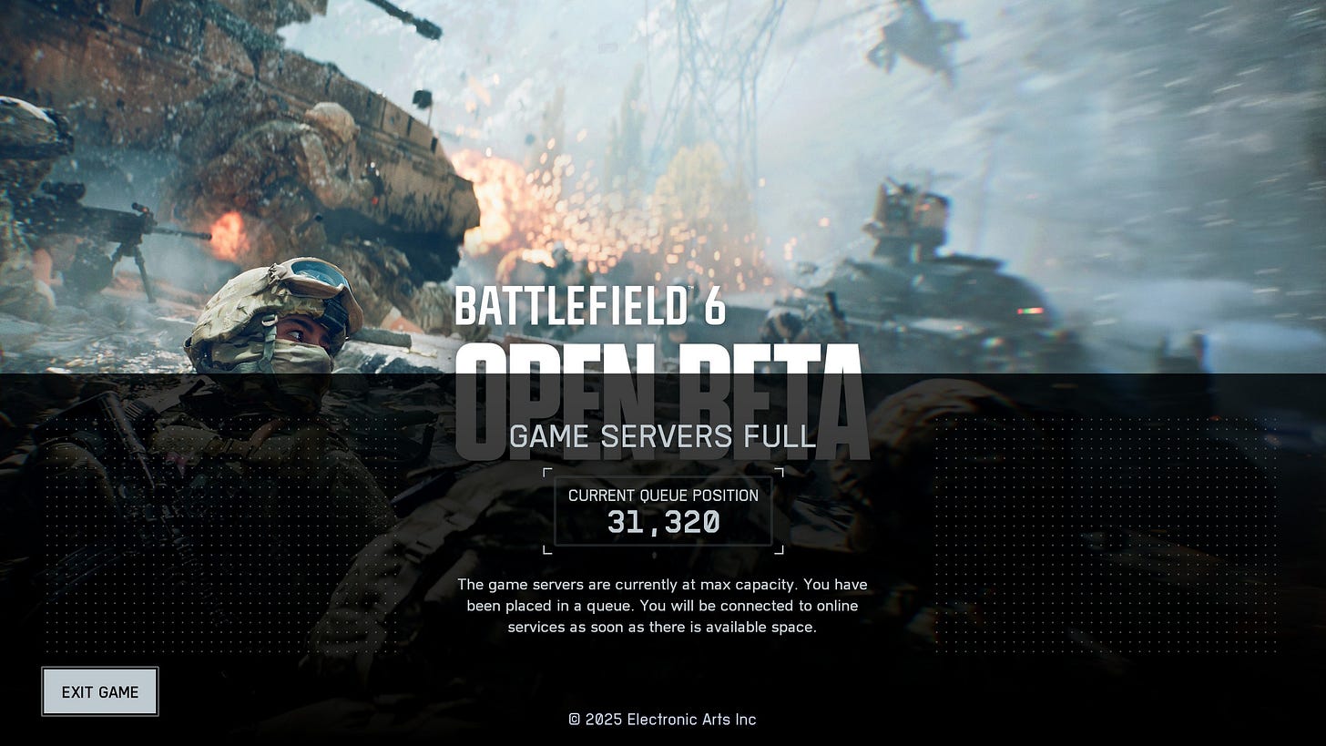 Battlefield 6 Open Beta main menu, showing a queue of 31,320 players.
