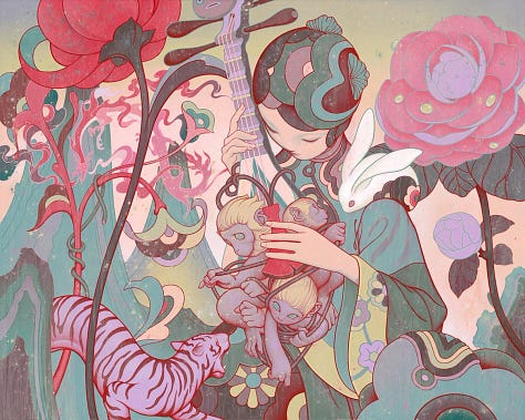 Top left to bottom right: "Idyll" by João Ruas; "Brownie Camp" by Jillian Tamaki; "Pipa" by James Jean; "The Dragon's Promise" by Tran Nguyen; "Paul Atrides" by Sam Webber; "Self Portrait" by Soey Milk.