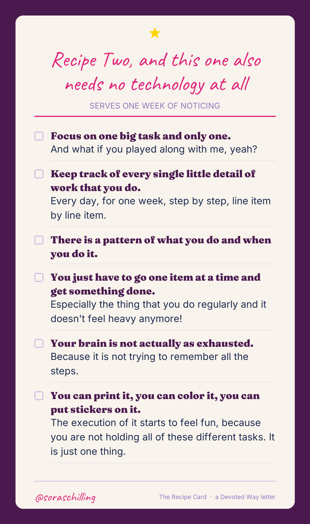 A printable recipe card headed Recipe Two, with six checkboxes for tracking one week of work by hand, no technology needed.