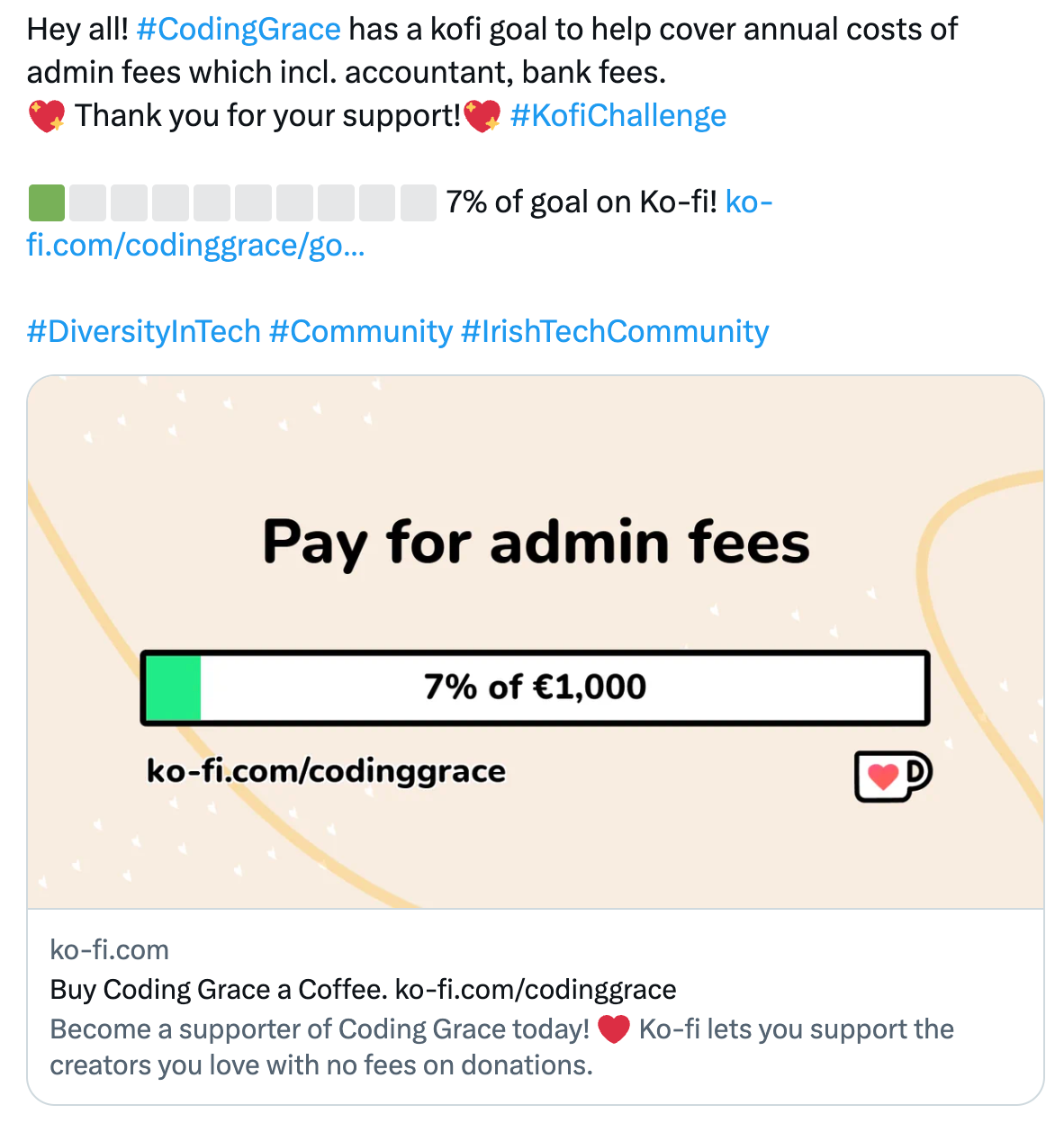 Coding Grace Tweet about KofiChallenge of our goal to cover admin expenses. Thanks all for your support.